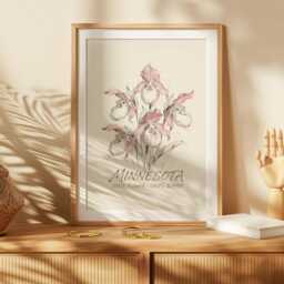 Minnesota Flower Market Print, Pink & White Lady's Slipper Poster, Vintage-Inspired State Wall Art, Wildflower Neutral Artwork - thumbnail 2