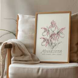 Minnesota Flower Market Print, Pink & White Lady's Slipper Poster, Vintage-Inspired State Wall Art, Wildflower Neutral Artwork - thumbnail 1