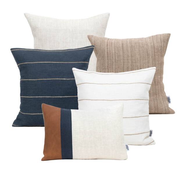 Linen Throw Pillow Cover Set Of 5 For Sectional Sofa, Modern Cases Combo, Blue & Neutral Cushion Couch, Navy Combo - image 1