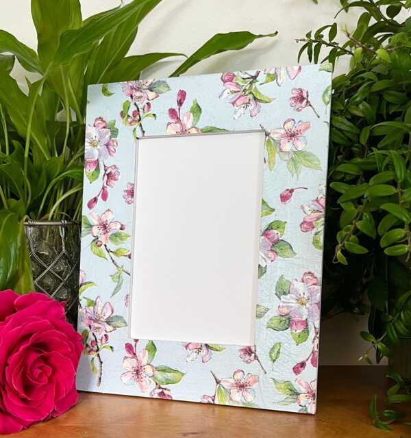 Blossom Floral Decoupaged Photo Frame, Oriental Shabby Chic Wooden Picture Blue & White Flower Decor - image 1