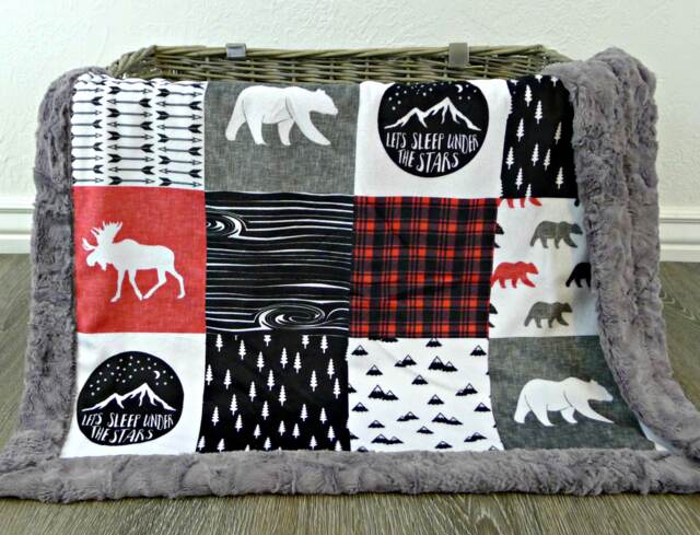 Red Plaid Baby Blanket - Faux Patchwork Quilt Moose Bear Lumberjack Blankets Minky Blanket - image 1
