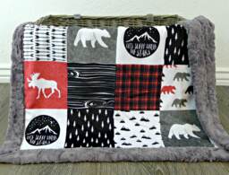 Red Plaid Baby Blanket - Faux Patchwork Quilt Moose Bear Lumberjack Blankets Minky Blanket