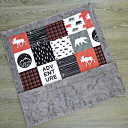 Red Plaid Baby Blanket - Faux Patchwork Quilt Moose Bear Lumberjack Blankets Minky Blanket - thumbnail 3