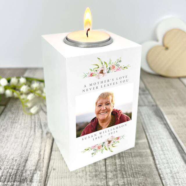 Floral Photo White Tea Light Holder - Personalised Wooden Candle, Keepsake Gift - image 1