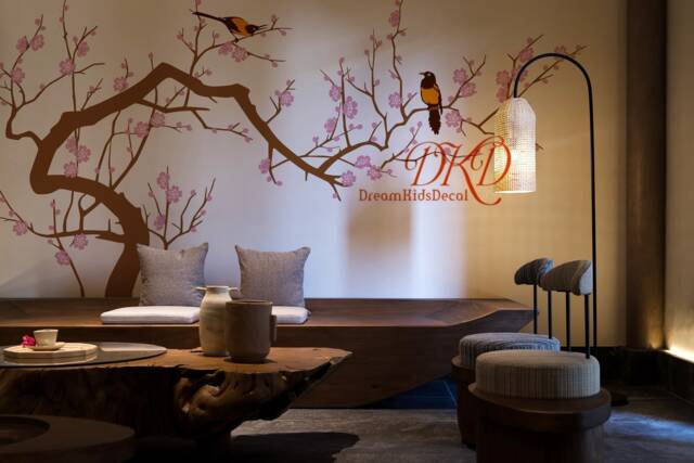 Nursery Wall Decal Sticker Kids - Cherry Blossoms Tree Decal Chinoiserie Art-Tree Branch With 2 Colored Birds-Dk489 - image 1