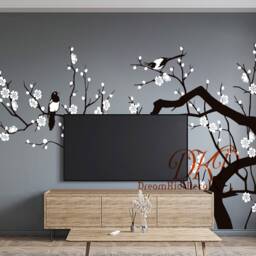 Nursery Wall Decal Sticker Kids - Cherry Blossoms Tree Decal Chinoiserie Art-Tree Branch With 2 Colored Birds-Dk489 - thumbnail 2