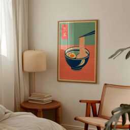 Japanese Ramen Poster, Ukiyo-E Style Kitchen Wall Art, Noodle Print, Woodblock Foodie Decor, Unique Asian Art Gift - thumbnail 2