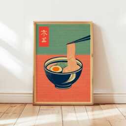 Japanese Ramen Poster, Ukiyo-E Style Kitchen Wall Art, Noodle Print, Woodblock Foodie Decor, Unique Asian Art Gift - thumbnail 1