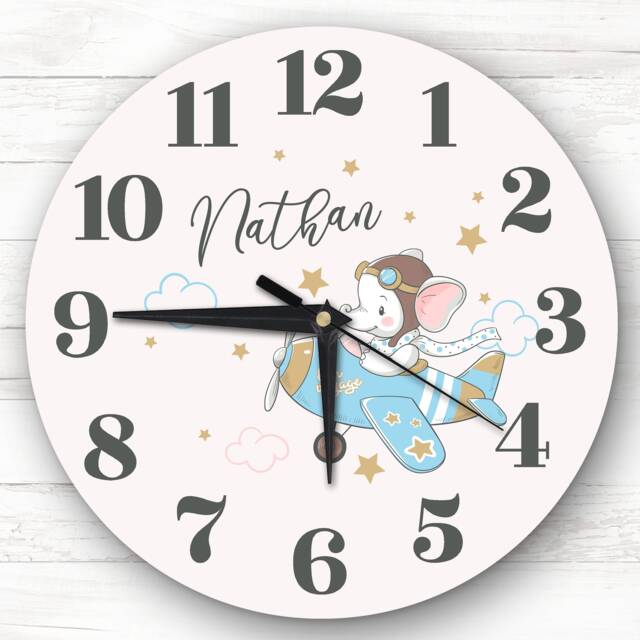 Elephant Flying Plane Baby Nursery Custom Gift Personalised Clock - image 1