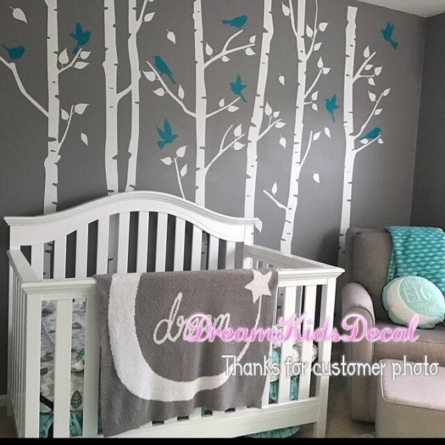 Birch Tree Wall Decals, White Trees, Teal Birds, Nursery Decor - image 1