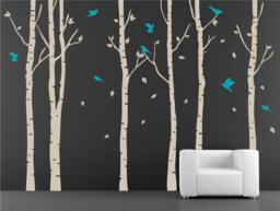 Birch Tree Wall Decals, White Trees, Teal Birds, Nursery Decor - thumbnail 2