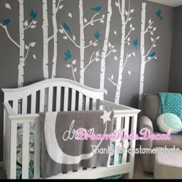 Birch Tree Wall Decals, White Trees, Teal Birds, Nursery Decor