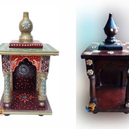 Hand Painted Wooden Temple Wall Hanging Pooja Ghar, Indian Mandir - thumbnail 2
