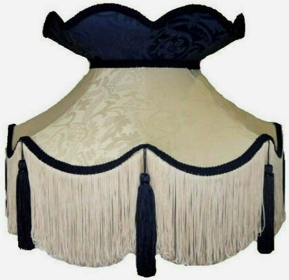 Handmade Navy Blue Victorian Lampshade Cream Fabric, Tassel Fringe - image 1