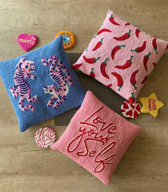 Handmade Punch Needle Pillow Cover Tibetan Tiger, Chili Pepper, Love Your Self Cushion Cover - image 1