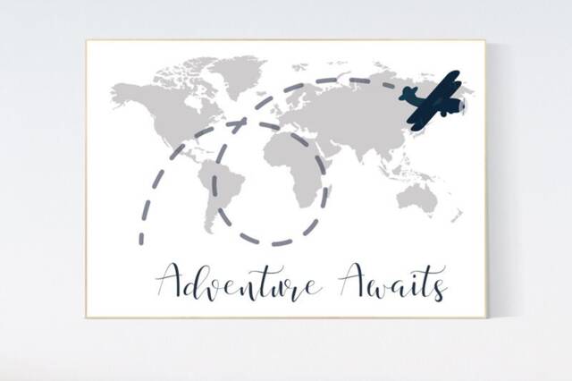 Adventure Awaits World Map Nursery Art Print Gray, Navy, Airplane - image 1
