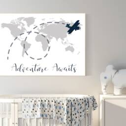 Adventure Awaits World Map Nursery Art Print Gray, Navy, Airplane - thumbnail 2