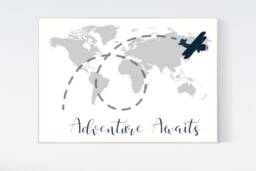 Adventure Awaits World Map Nursery Art Print Gray, Navy, Airplane - thumbnail 1