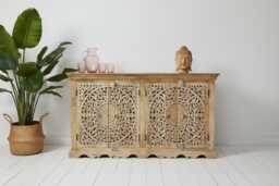 Hand Carved Natural Wood Sideboard - Ornate Rustic Storage Cabinet H90cm ?? W160cm 4 Doors Boho Hallway Dining Room Furniture - thumbnail 1