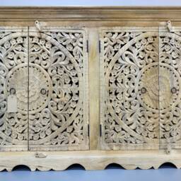 Hand Carved Natural Wood Sideboard - Ornate Rustic Storage Cabinet H90cm ?? W160cm 4 Doors Boho Hallway Dining Room Furniture - thumbnail 3