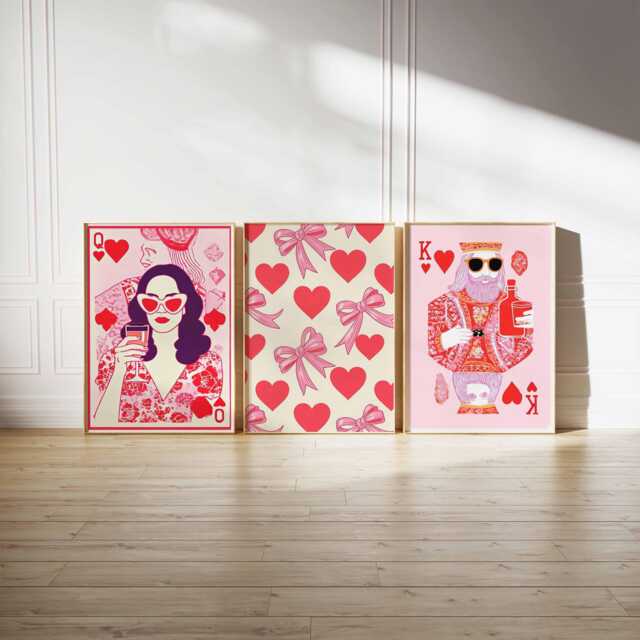 King & Queen Of Hearts Poster Set - Retro Valentine Wall Art, Fun Love Card Print Decor With Bows - image 1