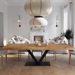Grantham V Base Dining Table Rustic Solid Wood Industrial Straight Edge Steel - thumbnail 4