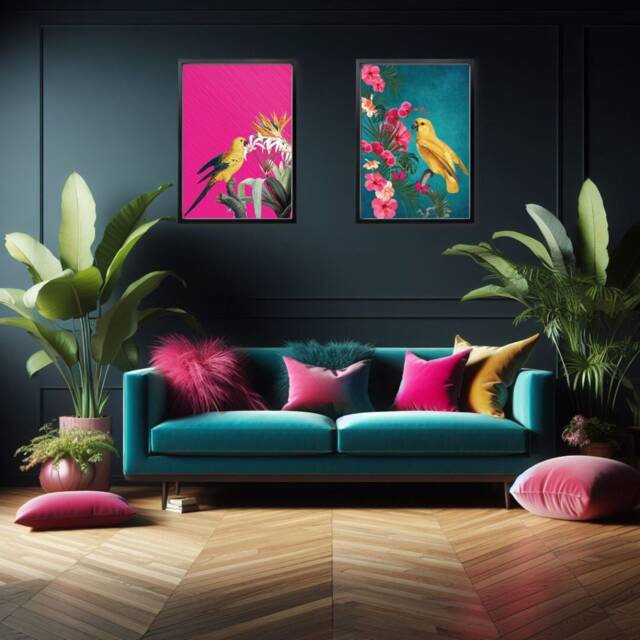 Tropical Maximalist Yellow Bird Set - Hot Pink & Teal Exotic Prints Vibrant Jungle Wall Art For Bold Interiors - image 1