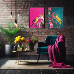 Tropical Maximalist Yellow Bird Set - Hot Pink & Teal Exotic Prints Vibrant Jungle Wall Art For Bold Interiors - thumbnail 2
