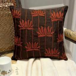 Brown Art Silk, Embroidered Floral Pattern, Modern Throw Pillow Cover/Euro Sham - Red Lotuses - thumbnail 2