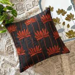 Brown Art Silk, Embroidered Floral Pattern, Modern Throw Pillow Cover/Euro Sham - Red Lotuses - thumbnail 1