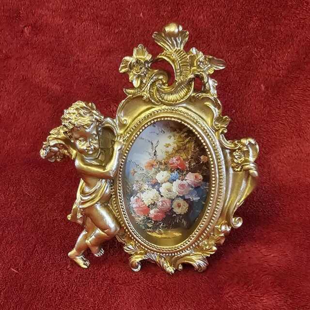 Vintage Style Cherub Picture Frame - Antique Gold Resin Floral Baroque 3 X 2 Inch Shabby Chic Angel Photo - Gift For Her - image 1