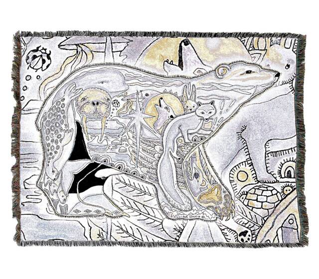 Polar Bear Woven Tapestry Blanket, Native American Inspired, Pacific Northwest Totem Throw By Sue Coccia 100% Cotton Made in Usa 72x54 - image 1