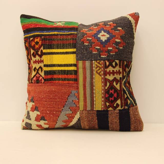 Patchwork Kilim Pillow Cover 18x18, Vintage Turkish Wool Throw - image 1