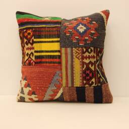 Patchwork Kilim Pillow Cover 18x18, Vintage Turkish Wool Throw - thumbnail 1