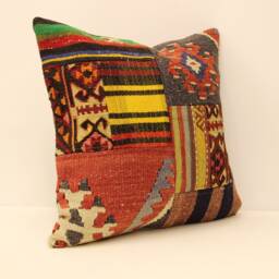 Patchwork Kilim Pillow Cover 18x18, Vintage Turkish Wool Throw - thumbnail 2