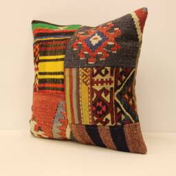 Patchwork Kilim Pillow Cover 18x18, Vintage Turkish Wool Throw - thumbnail 3