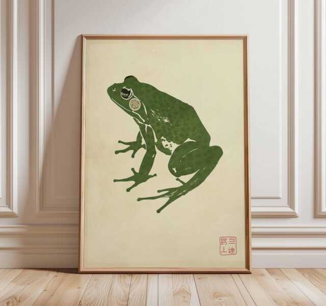 Japanese Green Frog Art Print, Zen Woodblock Style Poster, Wabi Sabi Wall Decor, Minimal Animal Illustration, Unframed Nature Print - image 1