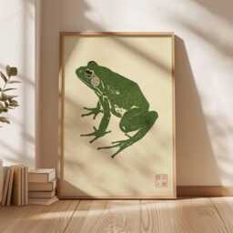 Japanese Green Frog Art Print, Zen Woodblock Style Poster, Wabi Sabi Wall Decor, Minimal Animal Illustration, Unframed Nature Print - thumbnail 3