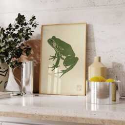 Japanese Green Frog Art Print, Zen Woodblock Style Poster, Wabi Sabi Wall Decor, Minimal Animal Illustration, Unframed Nature Print - thumbnail 2