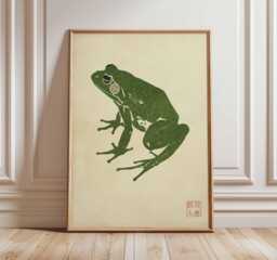 Japanese Green Frog Art Print, Zen Woodblock Style Poster, Wabi Sabi Wall Decor, Minimal Animal Illustration, Unframed Nature Print - thumbnail 1