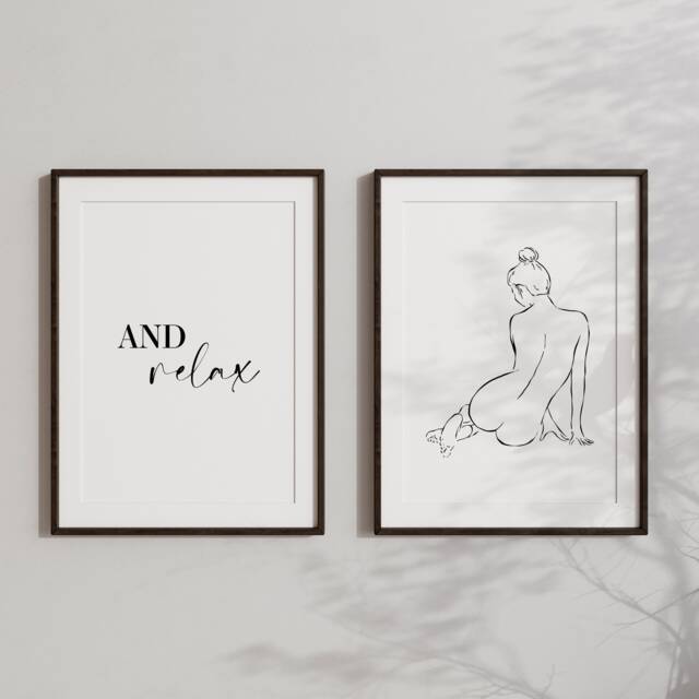 Bathroom Prints Set Of 2 - Print Wall Art Woman Figure Female Line & Relax Decor - image 1