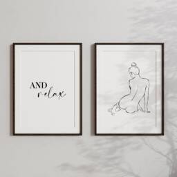 Bathroom Prints Set Of 2 - Print Wall Art Woman Figure Female Line & Relax Decor - thumbnail 1