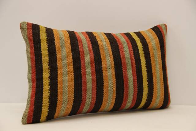 Vintage Turkish Kilim Lumbar Pillow Cover, Wool Accent - 12x20 In - image 1