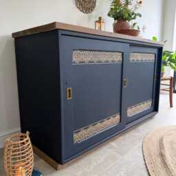 Freestanding Vintage Sliding Door Sideboard Painted Navy Blue & Gold - thumbnail 4