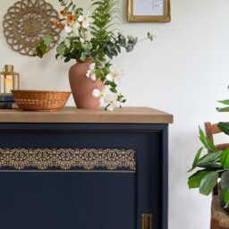 Freestanding Vintage Sliding Door Sideboard Painted Navy Blue & Gold - thumbnail 2