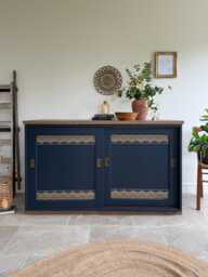 Freestanding Vintage Sliding Door Sideboard Painted Navy Blue & Gold