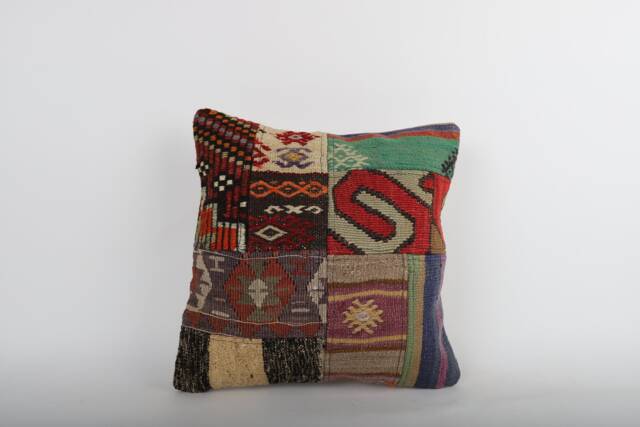 Vintage Turkish Kilim Pillow Cover Handwoven Wool Cushion - 16x16 - image 1