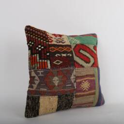 Vintage Turkish Kilim Pillow Cover Handwoven Wool Cushion - 16x16 - thumbnail 2