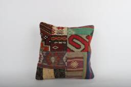Vintage Turkish Kilim Pillow Cover Handwoven Wool Cushion - 16x16 - thumbnail 1