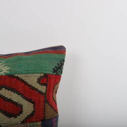 Vintage Turkish Kilim Pillow Cover Handwoven Wool Cushion - 16x16 - thumbnail 3